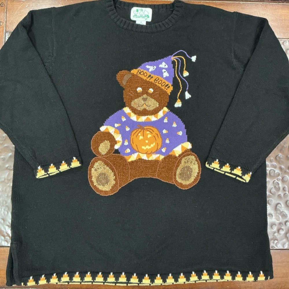 Quacker Factory Halloween Boo Bear Candy Corn Pumpkin Cat Sweater, 1X, Vintage
